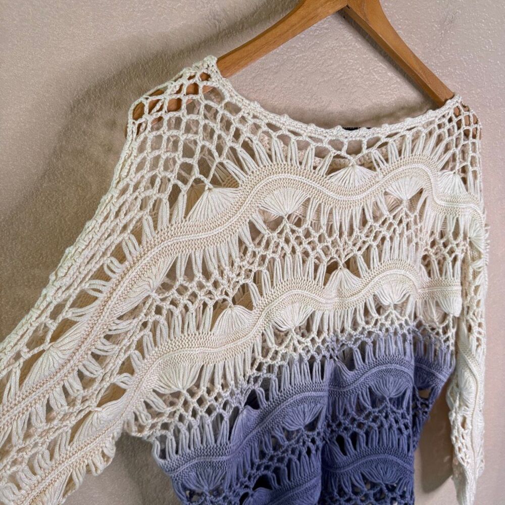 Jason Maxwell Crochet Top Large Beachy Boho Ombre Ivory Blue Vacation Coverup - Picture 8 of 10